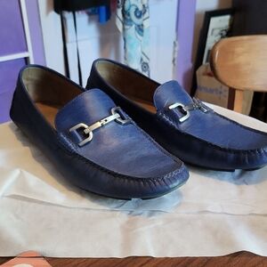 Donald J. Pliner Blue Leather Loafers with Metal Buckle
